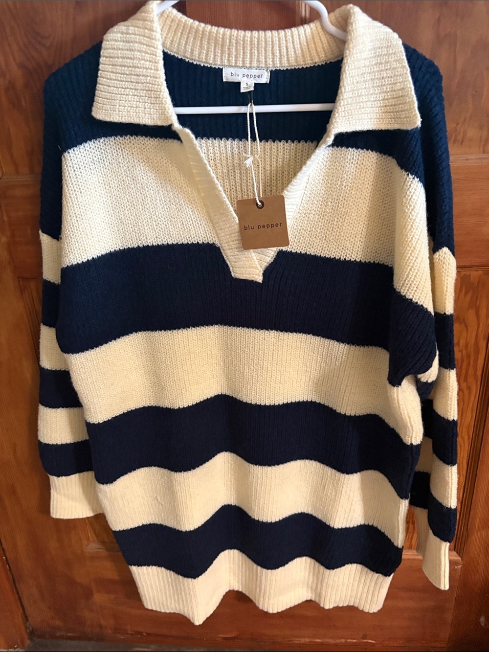 Blu Pepper Navy and Cream Striped V-Neck Collared Sweater dress